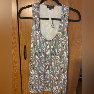 Feather Print Tank Top - Gray and Multicolor